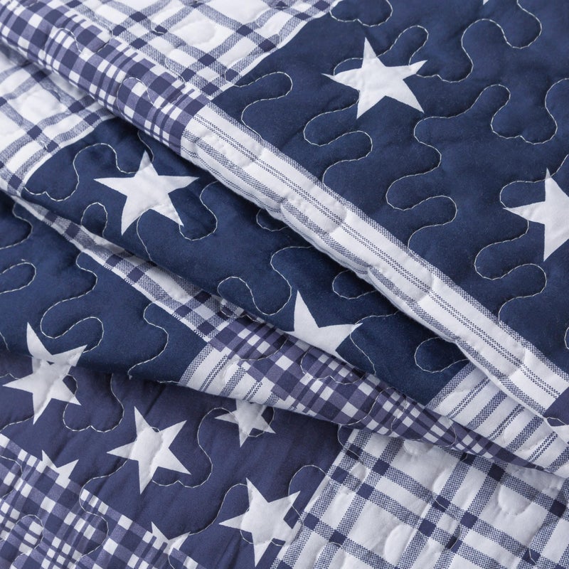 SLPR Americana Pride 3-Piece Quilt Set - Queen Size with 2 Shams, Lightweight Patriotic Bedding in Blue and White with Star and Plaid Patterns, Quilted Bedspread for Queen Bed - Image 4